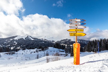 Indication signs on the ski slopes of the resort of Morzine in the French Alps - France