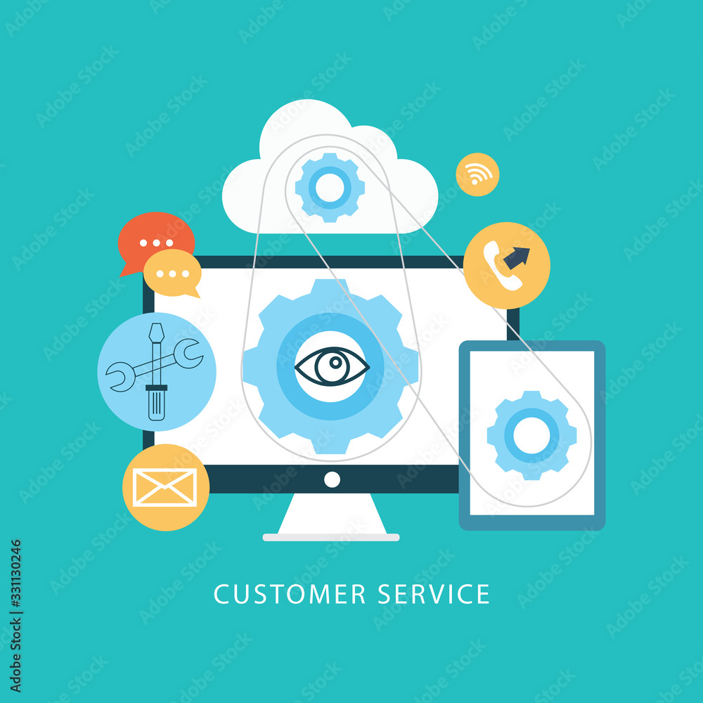 Poster Customer service representative computer in headset. Individual approach. Support center and efficiency