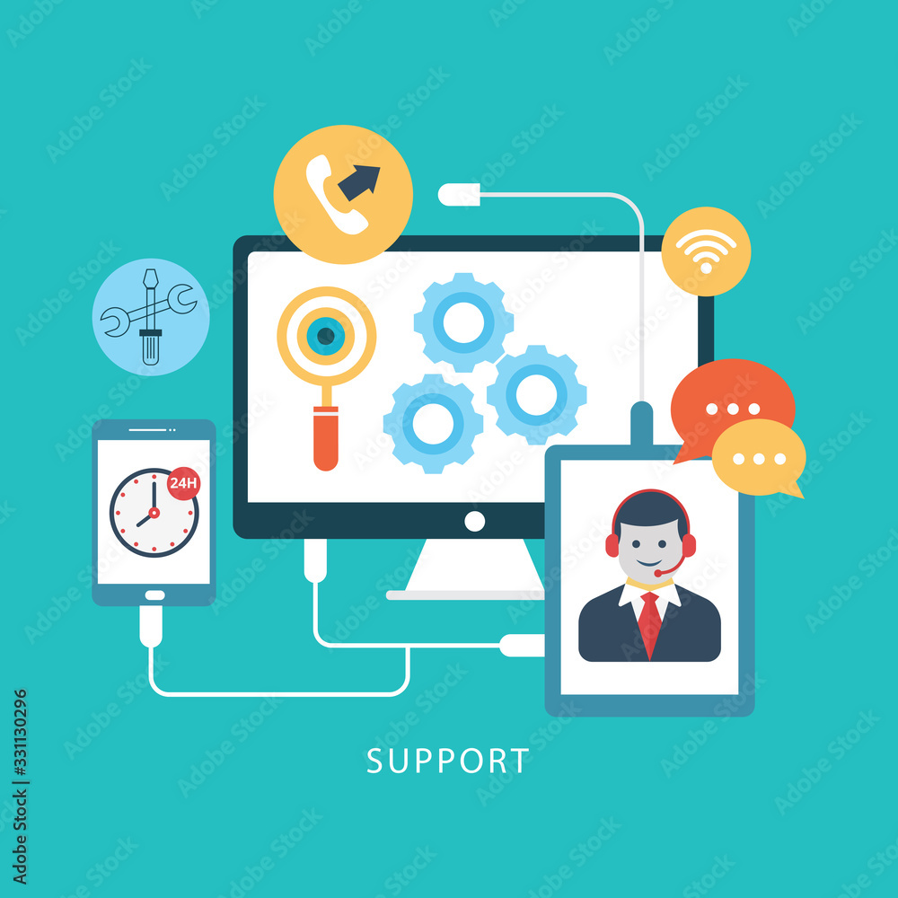 Poster 24h all the time customer support center via phone mail operator service icons concept