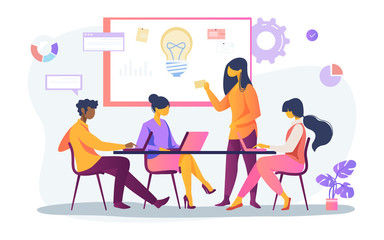 Business team discussing ideas for startup. Leader speaking at board with notes and lightbulb flat vector illustration. Corporate meeting concept for banner, website design or landing web page