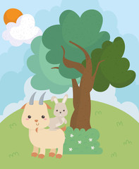 Obraz na płótnie Canvas camping cute goat and rabbit bush tree grass sun clouds