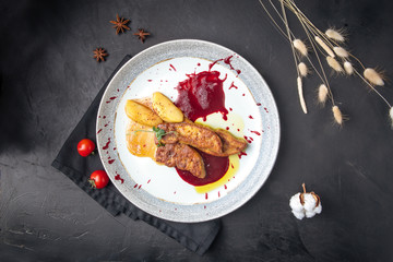 Top view on a plate with fois gra 