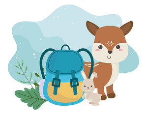 camping cute deer rabbit and backpack foliage cartoon