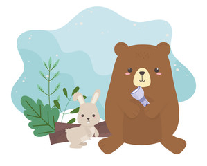 camping cute bear and rabbit with lantern foliage cartoon