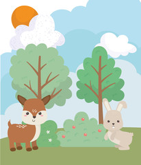 Obraz na płótnie Canvas camping cute rabbit and deer pine trees grass sun clouds cartoon