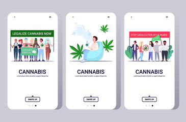 set mix race people holding protest posters man smoking bong medical marijuana cannabis legalization drugs consumption smartphone screens collection horizontal full length vector illustration