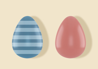 Beautifully decorated Easter eggs in blue and pink on a yellow background. Happy Easter 3D render. Holiday background. Place for your text.