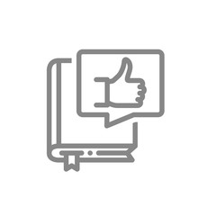 Book with thumb up in speech bubble line icon. Best book, customer review, diary symbol