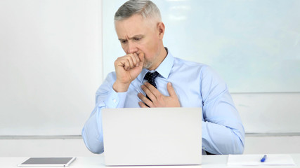 Cough, Sick Senior Businessman Coughing at Work