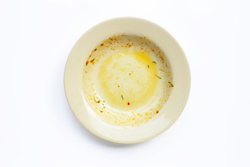 Dirty dish on white background. Top view, Copy space