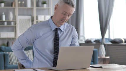 Casual Gray Hair Man Working with Laptop in His Lap