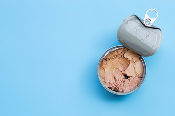 Canned tuna fish on white background.