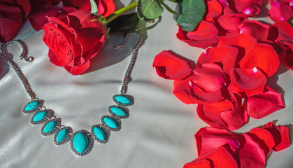 Turquoise stone accessorize close up, fashionable vintage details