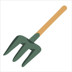 Vector illustration of garden pitchfork icon flat design.  Illustration of a pitchfork, icon, isolated object on a white background. Gardenpitchfork gardening, farming, farm, farming or gardening work