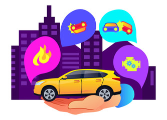 Obraz na płótnie Canvas The concept of car insurance. Illustration of car with insurance from fire, accident and others. For landing pages, websites and mobile apps