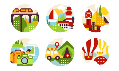 Natural Landscape in Circles Collection, Summer Tourism, Camping, Travelling Vector Illustration