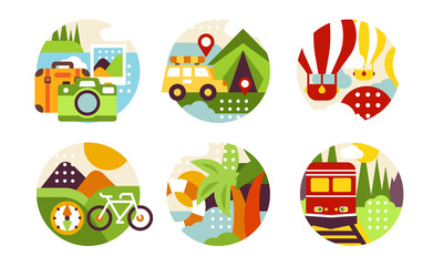 Summer Travelling Labels Collection, Natural Summer Landscapes in Circles , Tourism and Camping Vector Illustration