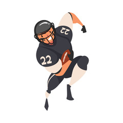 American Football Player Running with Ball, Male Athlete Character in Black Sports Uniform in Action, Front View Vector Illustration