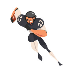 American Football Player Running, Male Athlete Character in Black Sports Uniform in Action, Front View Vector Illustration