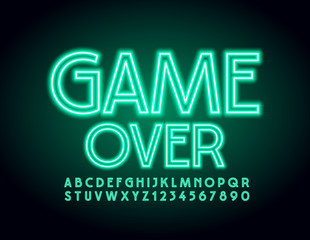 Vector Neon logo Game Over. Green Glowing  Font. Electric Alphabet Letters and Numbers.