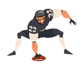 American Football Player with Ball, Male Athlete Character in Black Sports Uniform and Protective Helmet in Action Vector Illustration