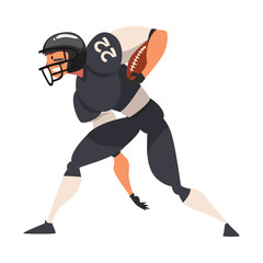 Fototapeta premium American Football Player Running, Male Athlete Character in Black Uniform and Protective Helmet in Action Vector Illustration