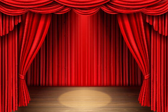 Red stage curtain and wooden floor realistic vector. Theater, opera scene drape backdrop, concert grand opening or cinema premiere backstage, portiere for ceremony performance template 3d illustration