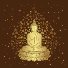 thai art temple and buddha on lotus background pattern decoration for flyers, poster, web, banner, sticker and card vector illustration