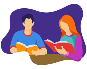 A man and woman read a book together in the campus library. Perfect template for website and landing page