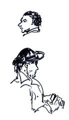 graphic black and white drawing two male heads