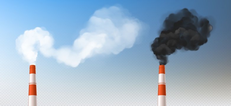 Red white chimneys with smoke, pipes with steam set. Industrial smog clouds, factory or plant flues isolated on blu sky background, environmental air pollution concept realistic vector