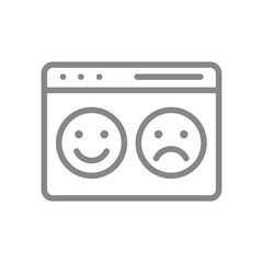 Webpage with happy and sad faces line icon. Website with positive and negative feedback symbol