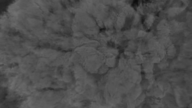 Animated closeup of wide nozzle flamethrower spitting fire from left to right quickly covering screen or room in black dense smoke. Black background, mask included.