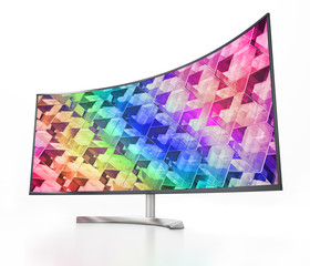 Ultrawide LED monitor with abstract background isolated on white background. 3D illustration
