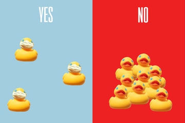 rubber ducks practicing social distancing versus ducks not doing it