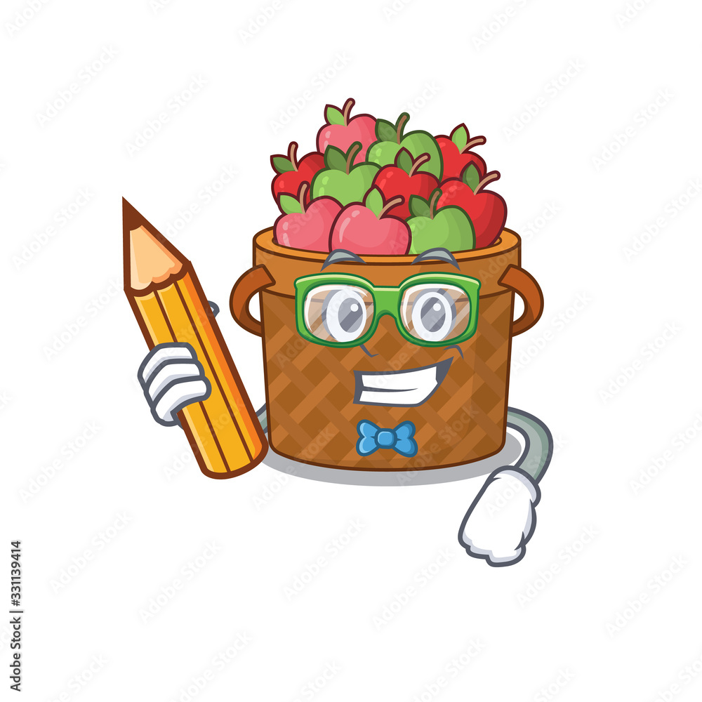 Sticker A smart student apple basket character with a pencil and glasses