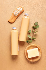 Obraz na płótnie Canvas Shampoo, soap and brush on color background