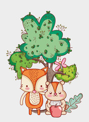 cute animals, little fox and beaver with butterfly cartoon
