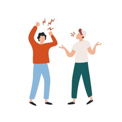 Two angry cartoon guys screaming during conflict vector flat illustration. Male friends quarreling each other isolated on white background. Colorful man character shouting