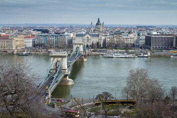 View of Secheni Bridge from Buda in Budapest