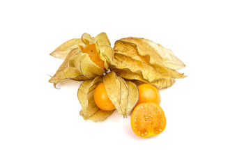 Physalis peruviana or groundcherries, whole and halved berries isolated on a white background