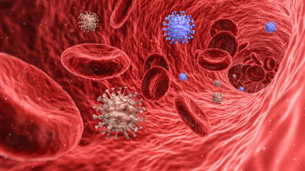3D render image of corona virus in blood stream