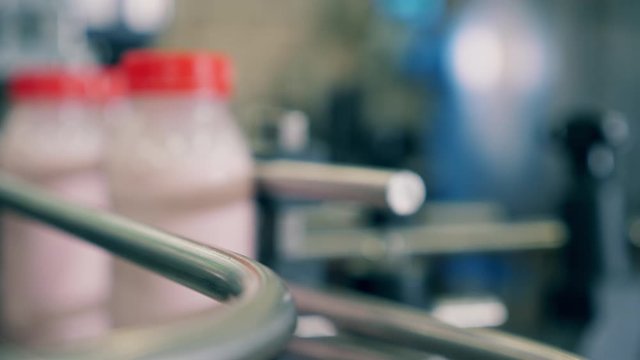 Close up of unlabeled yoghurt bottles moving along the conveyor
