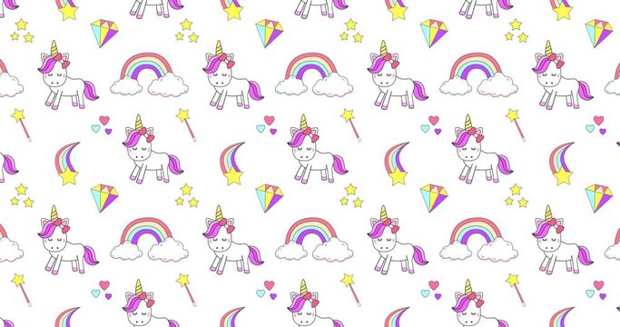 Cute unicorn, princess concept, girl beauty seamless pattern isolated on white background. Vector cartoon design. Magic unicorn, heart, rainbow, stars, diamond, Pop style 4K animation