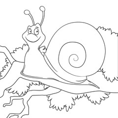 Coloring page outline of cartoon snail on branch. Page for coloring book of funny slug for kids. Activity colorless picture about cute animals. Anti-stress page for child. Black and white vector.
