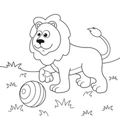 Coloring page outline of cartoon lion on lawn with ball. Page for coloring book of young lion for kids. Activity colorless picture of cute animals. Anti-stress page for child. Black and white vector.