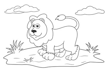 Coloring page outline of cartoon lion on lawn. Page for coloring book of funny young lion for kids. Activity colorless picture of cute animals. Anti-stress page for child. Black and white vector.EPS10