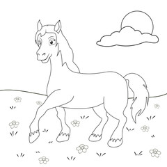 Coloring page outline of cartoon horse. Page for coloring book of funny foal for kids. Activity colorless picture about cute animals. Anti-stress page for child. Black and white vector illustration.