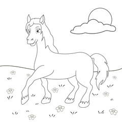 Obraz premium Coloring page outline of cartoon horse. Page for coloring book of funny foal for kids. Activity colorless picture about cute animals. Anti-stress page for child. Black and white vector illustration.