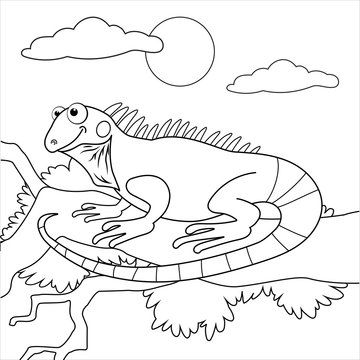 Coloring page outline of cartoon iguana on branch. Page for coloring book of funny lizard for kids. Activity colorless picture about cute animals. Anti-stress page for child. Black and white vector